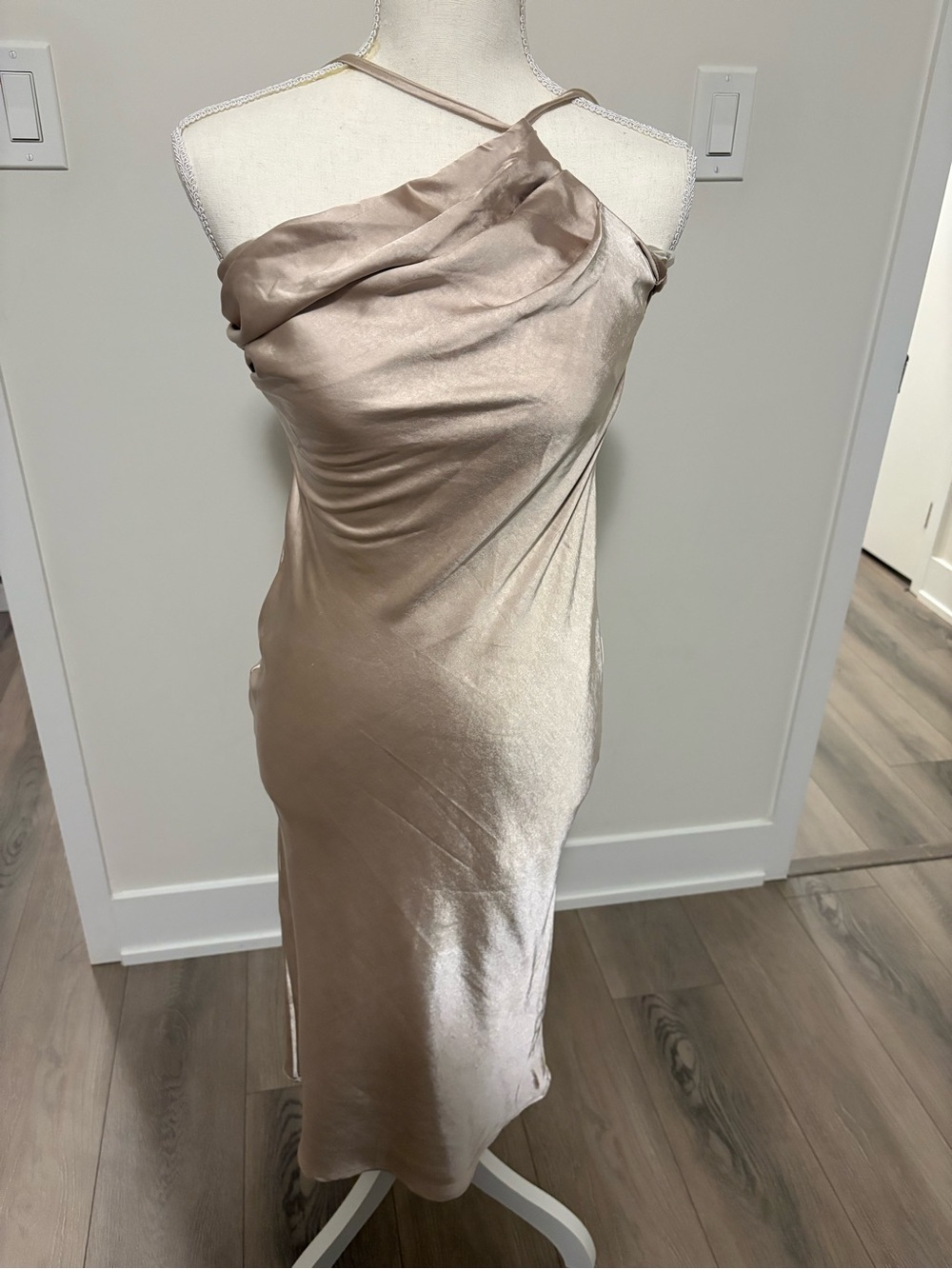 One-Shoulder Satin Slip Dress in Champagne Taupe
